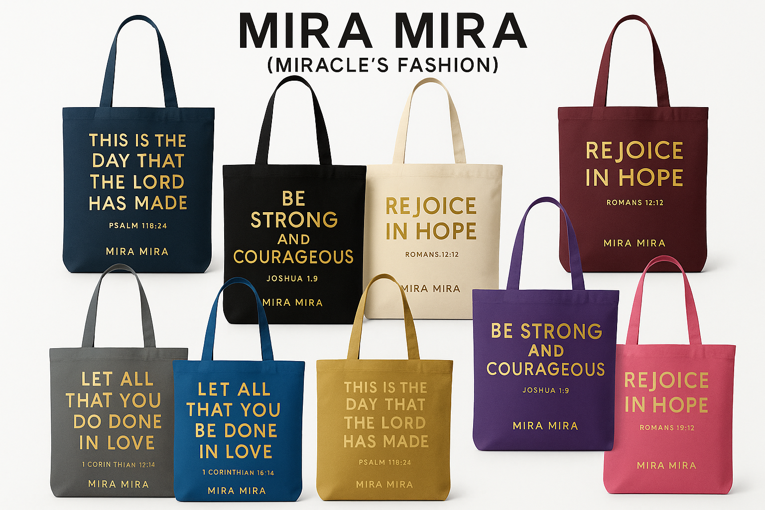 "MIRA MIRA" Inspirational Bible Verse Tote Bags "(MIRACLE"S FASHION)"