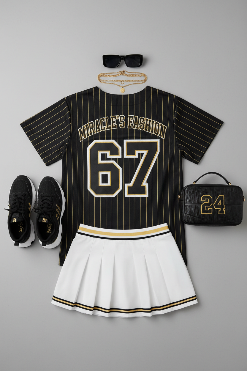 "MIRA MIRA"Youth's Number Print Color-Block T-Shirt /Pleated Skirt Set "(MIRACLE'S FASHION)" M.M.S