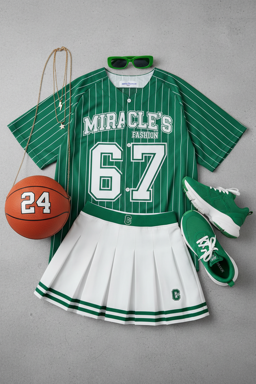 "MIRA MIRA"Youth's Number Print Color-Block T-Shirt /Pleated Skirt Set "(MIRACLE'S FASHION)" M.M.S
