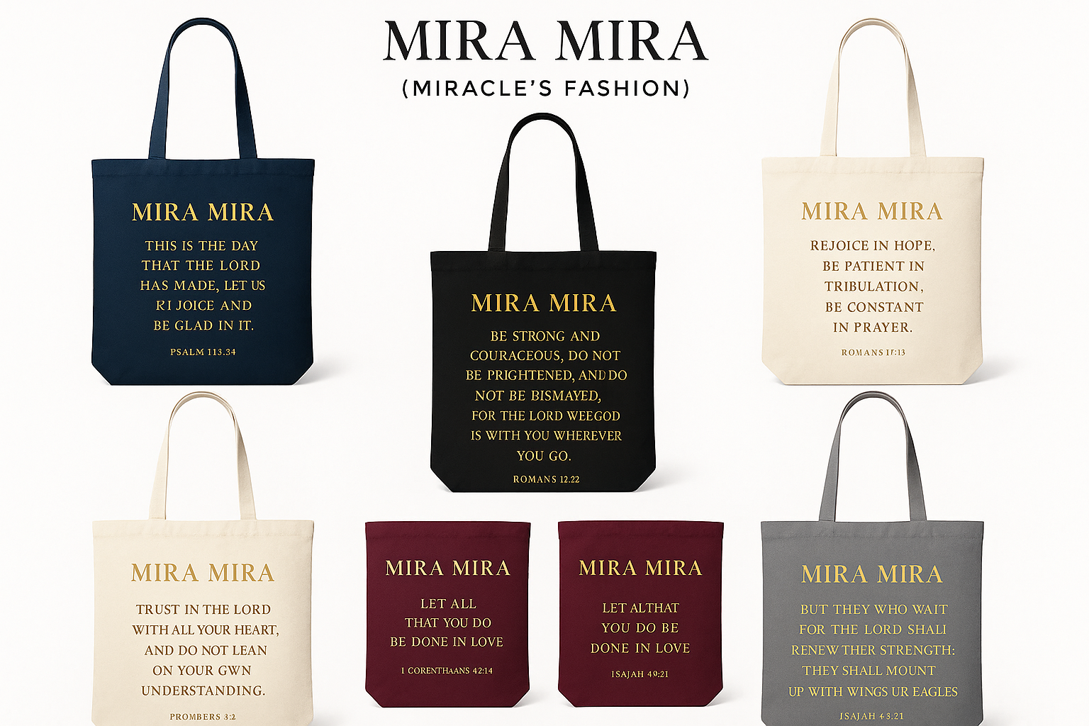 "MIRA MIRA" Inspirational Bible Verse Tote Bags "(MIRACLE"S FASHION)"