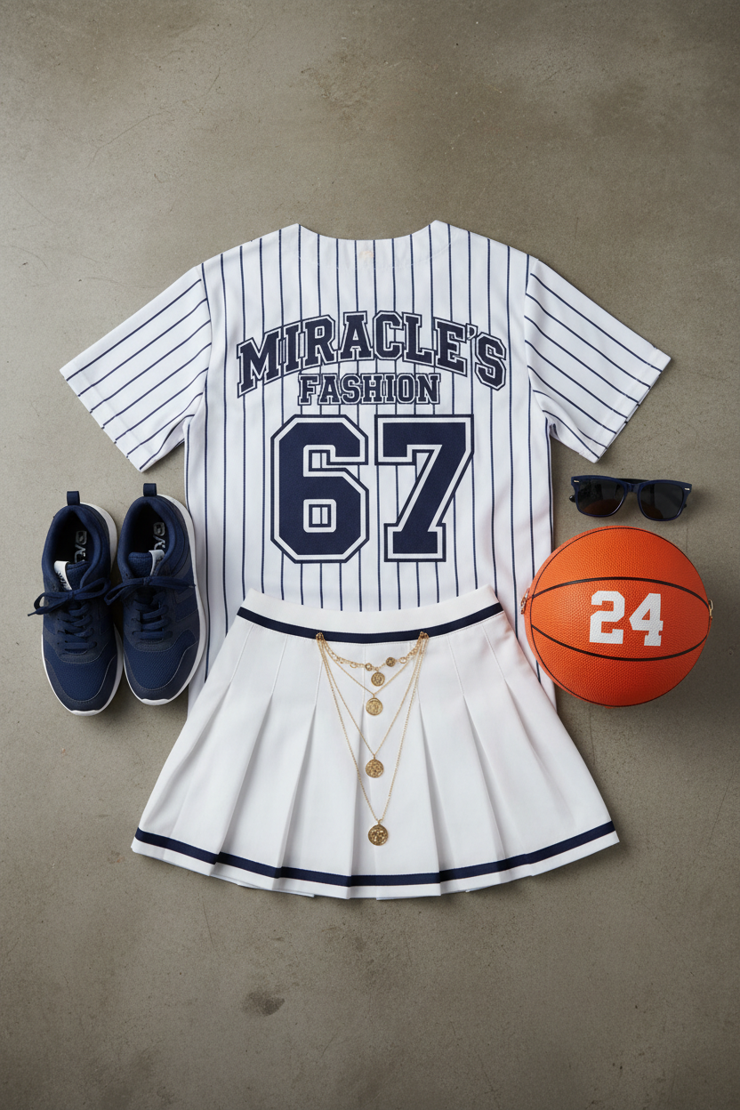 "MIRA MIRA"Youth's Number Print Color-Block T-Shirt /Pleated Skirt Set "(MIRACLE'S FASHION)" M.M.S