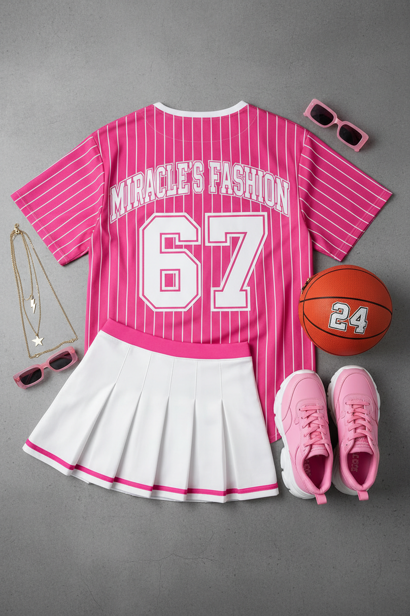 "MIRA MIRA"Youth's Number Print Color-Block T-Shirt /Pleated Skirt Set "(MIRACLE'S FASHION)" M.M.S