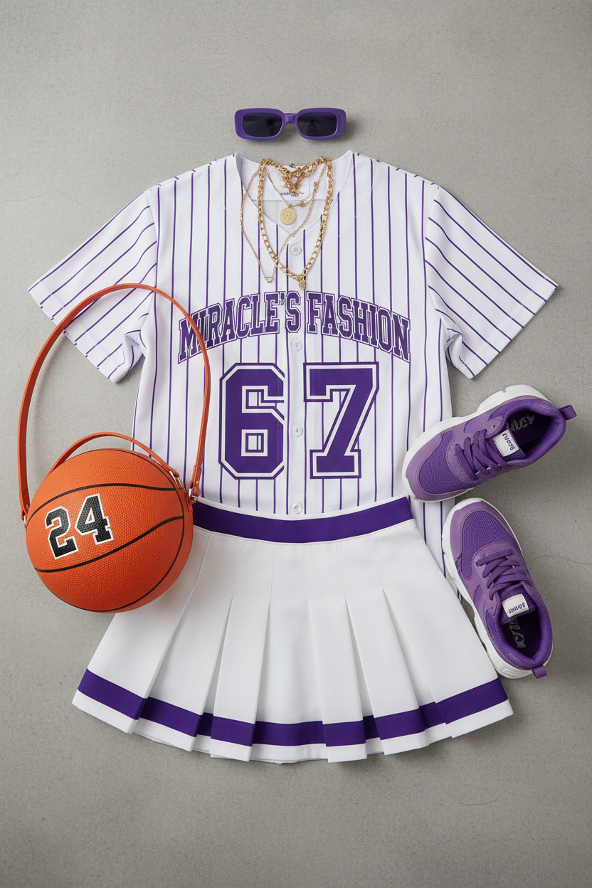 "MIRA MIRA"Youth's Number Print Color-Block T-Shirt /Pleated Skirt Set "(MIRACLE'S FASHION)" M.M.S