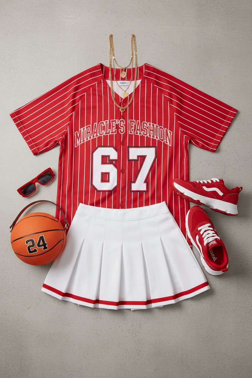 "MIRA MIRA"Youth's Number Print Color-Block T-Shirt /Pleated Skirt Set "(MIRACLE'S FASHION)" M.M.S