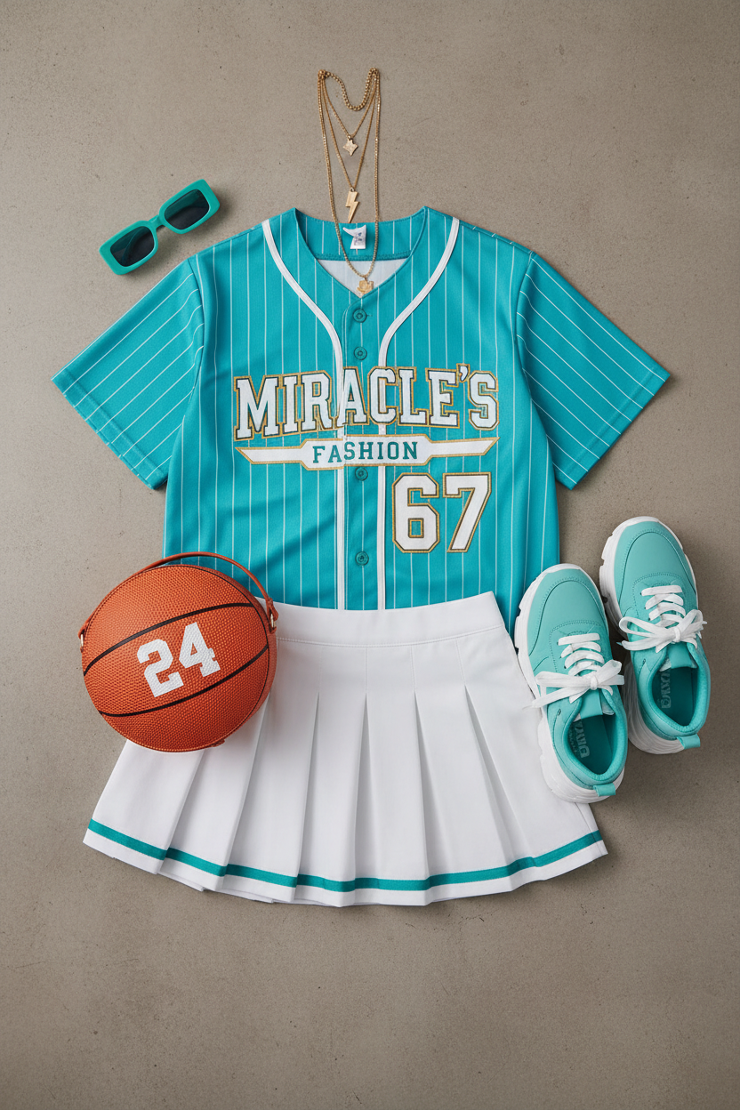 "MIRA MIRA"Youth's Number Print Color-Block T-Shirt /Pleated Skirt Set "(MIRACLE'S FASHION)" M.M.S