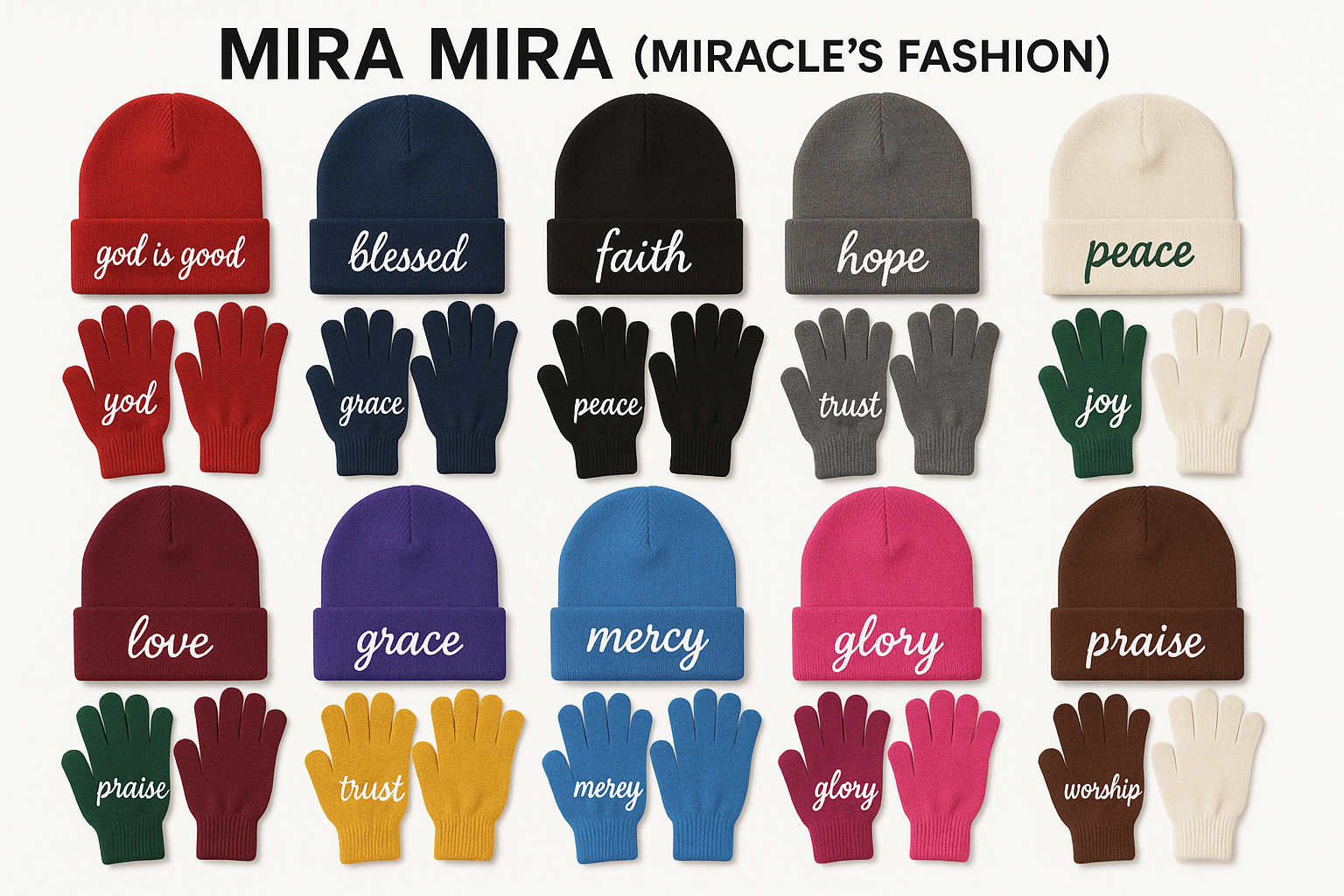 "MIRA MIRA (MIRACLE'S FASHION)" Inspirational Winter Hat & Glove Setsi In Multiple Colors.
