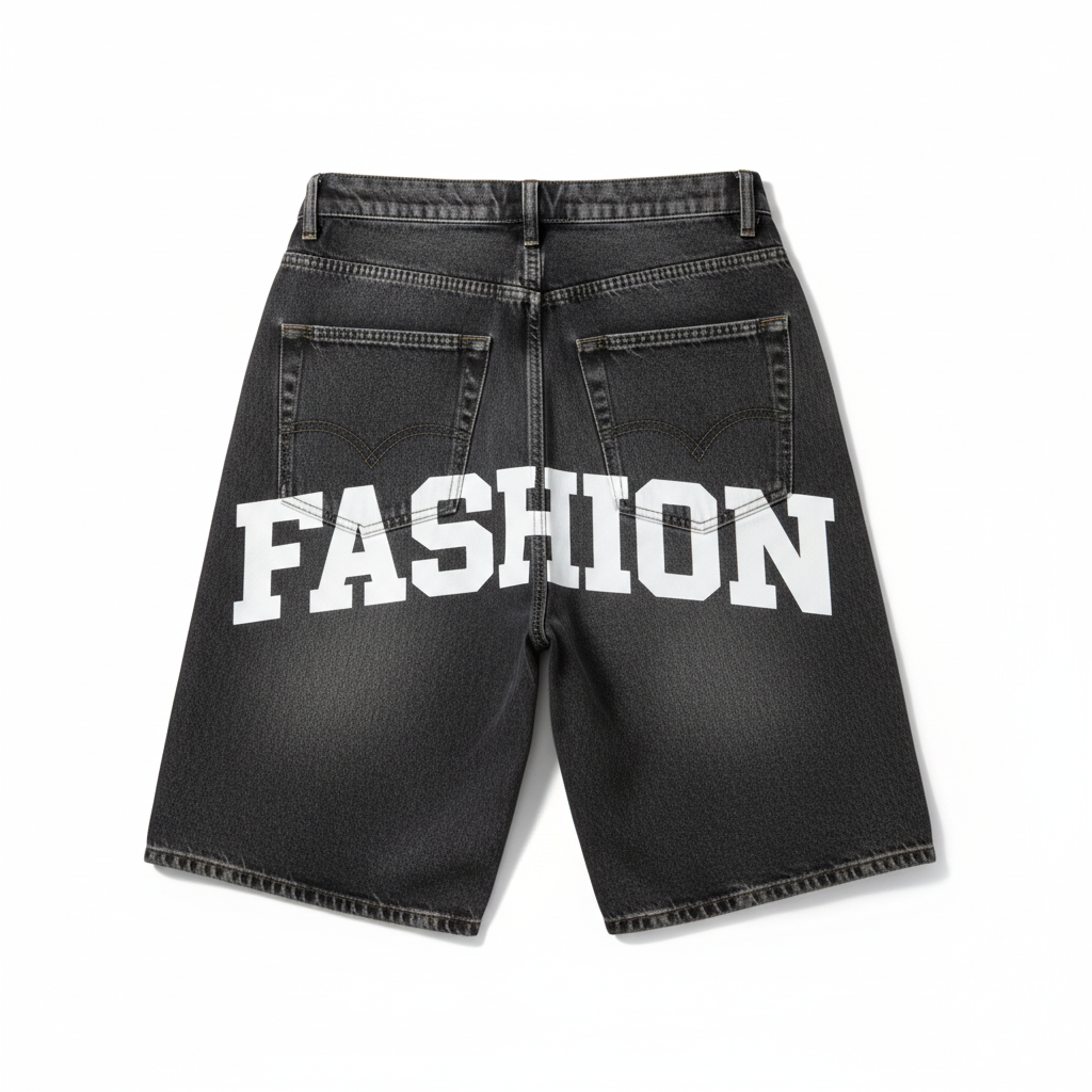 Baggy denim jorts with FASHION on back
