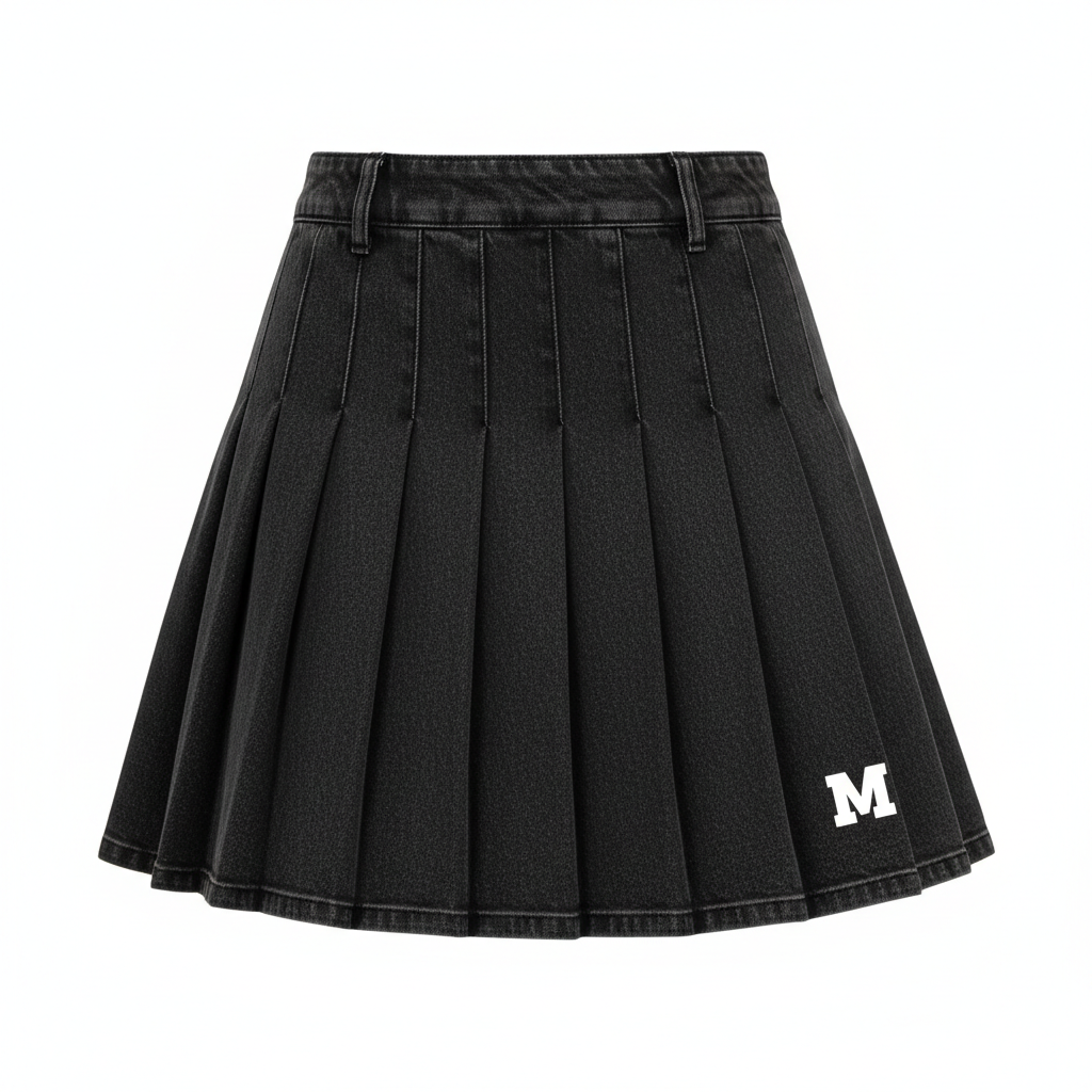 Black denim pleated skirt