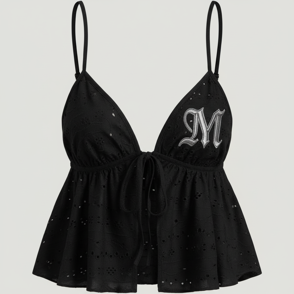 Black ruffled top with M on side