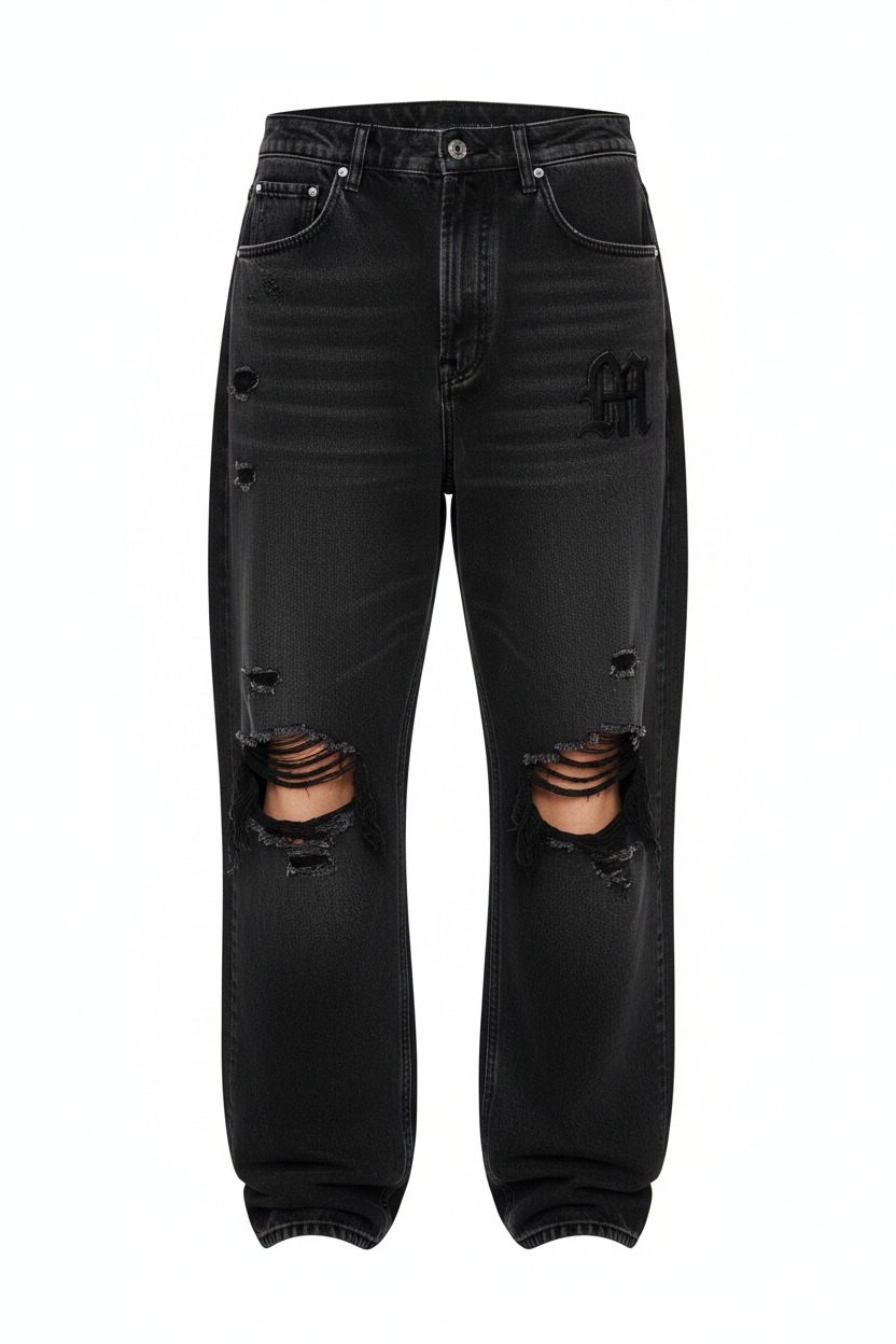 Black wash baggy ripped jeans