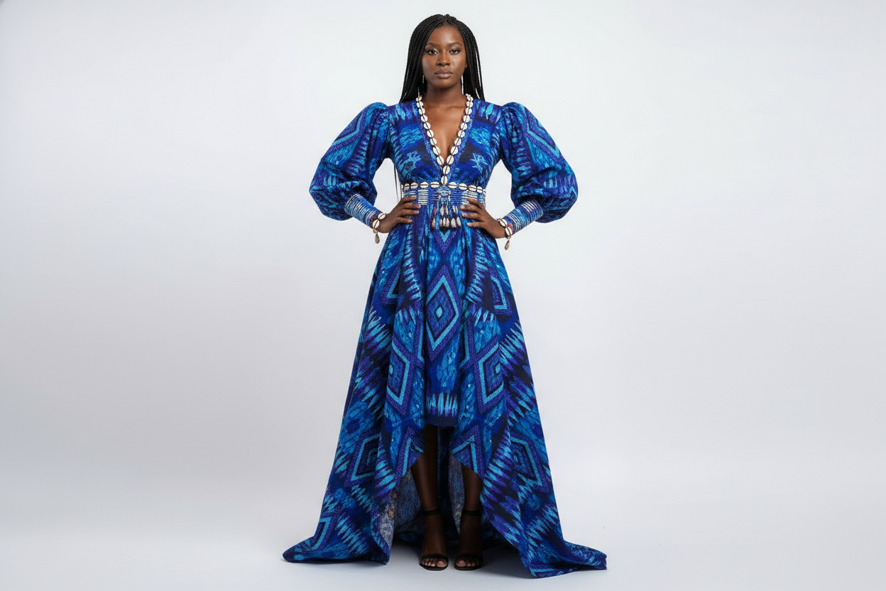 Blue African dress with geometric prints