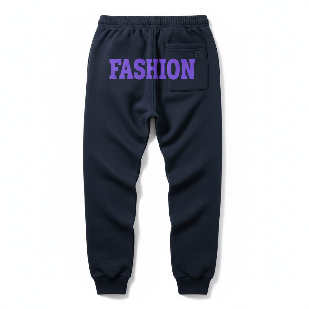 Blue Sweatpants Back with Purple FASHION Text