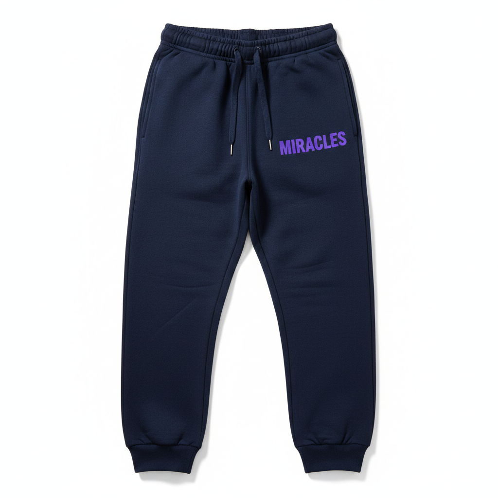 Blue Sweatpants Front with Purple MIRACLES Text
