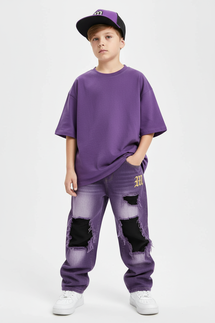 Boy in Baggy Purple Distressed Jeans
