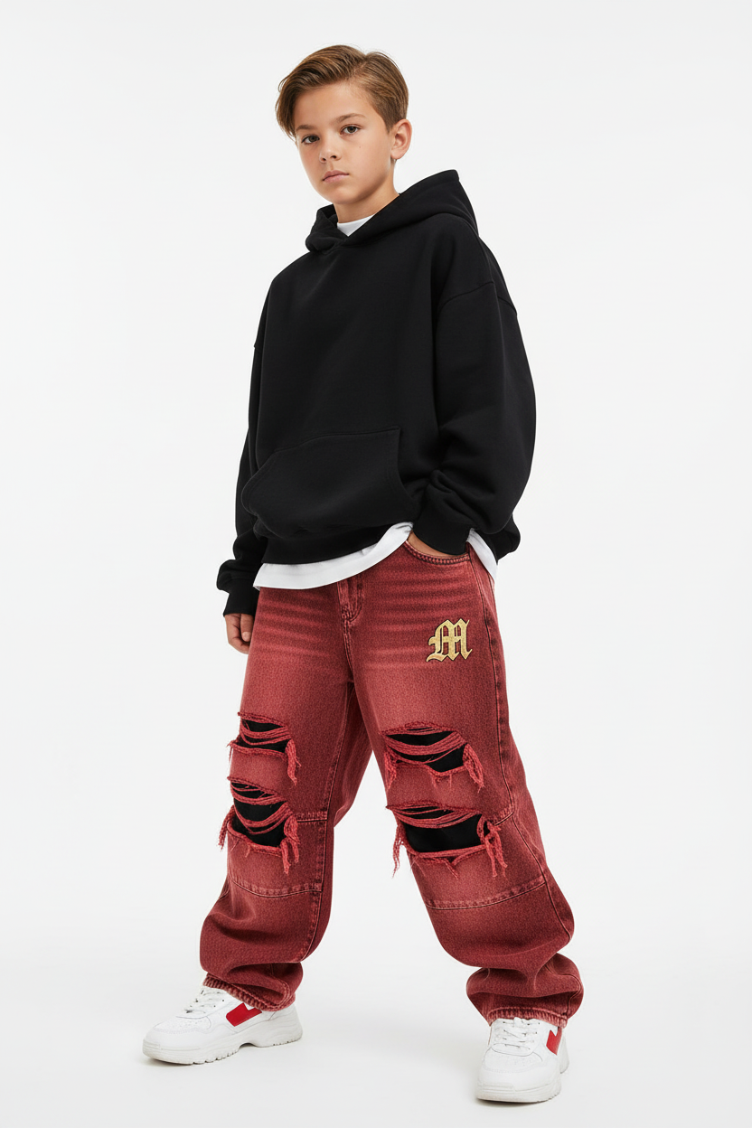 Boy in Baggy Red Distressed Jeans