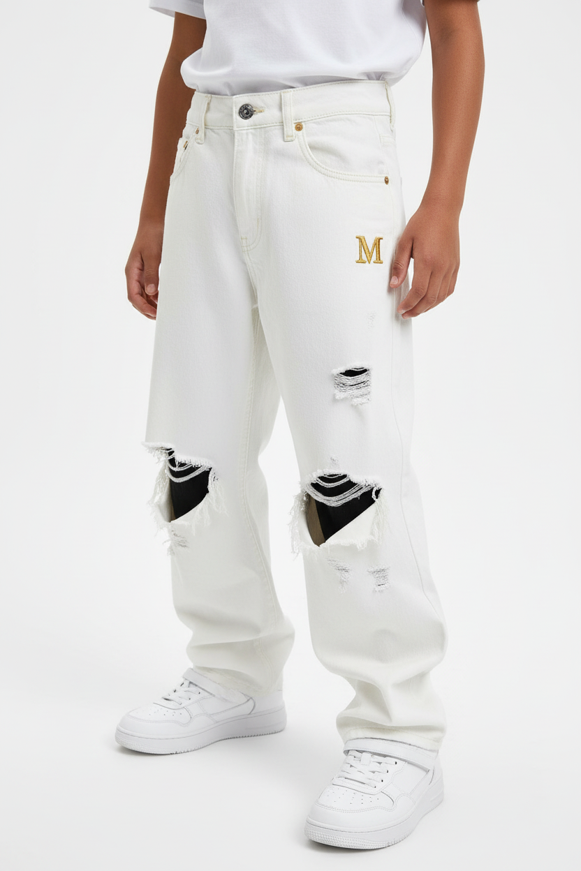 Boy in Baggy White Distressed Jeans