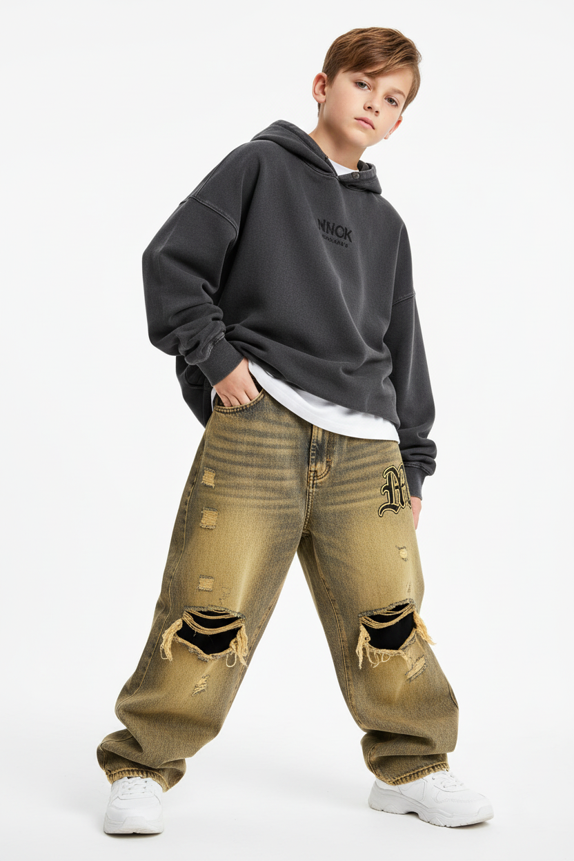 Boy in Baggy Yellow Distressed Jeans