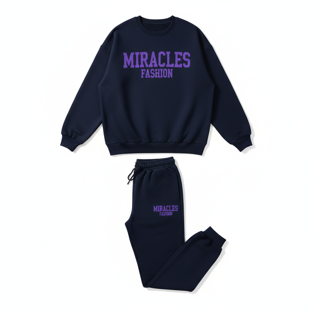 Complete Blue Sweatsuit Set with Purple Text