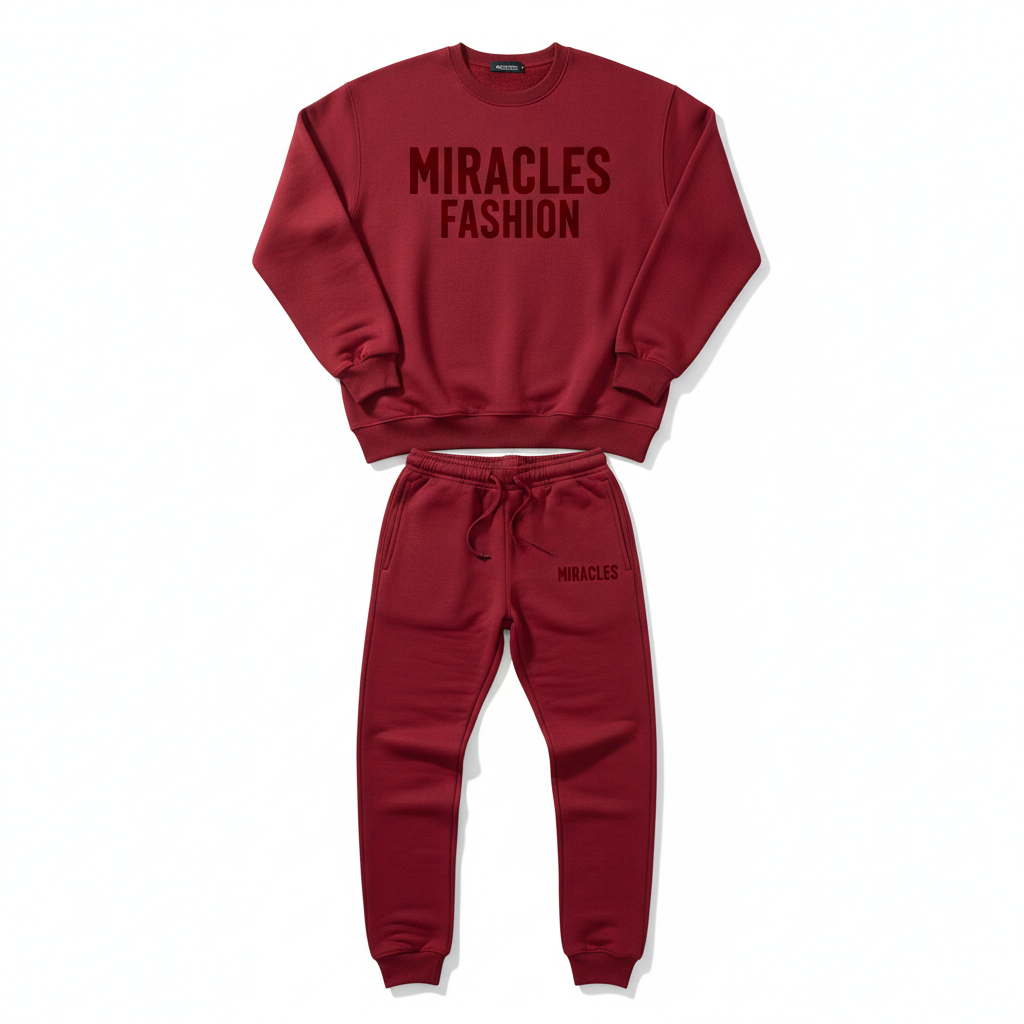 Complete Dark Red Sweatsuit Set with Red Text