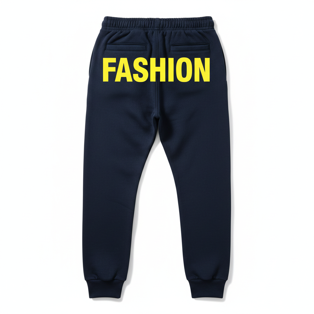 Dark Blue Sweatpants Back with Yellow FASHION Text