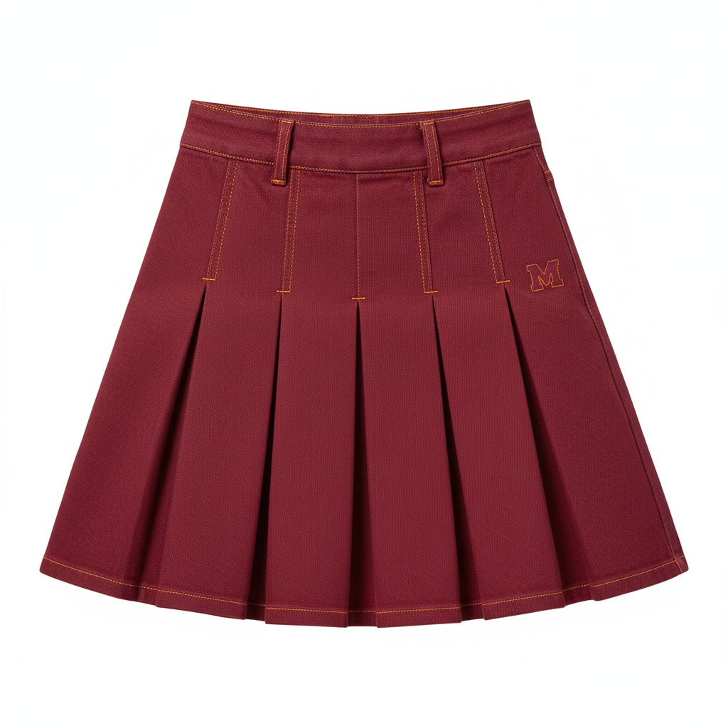 Dark red denim pleated skirt