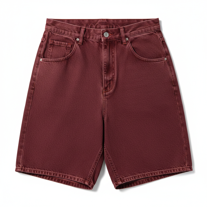 Dark red jorts front