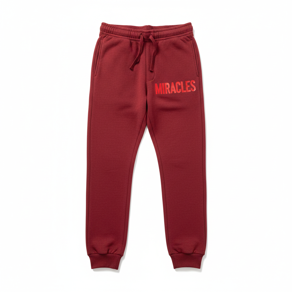 Dark Red Sweatpants Front with Red MIRACLES Text