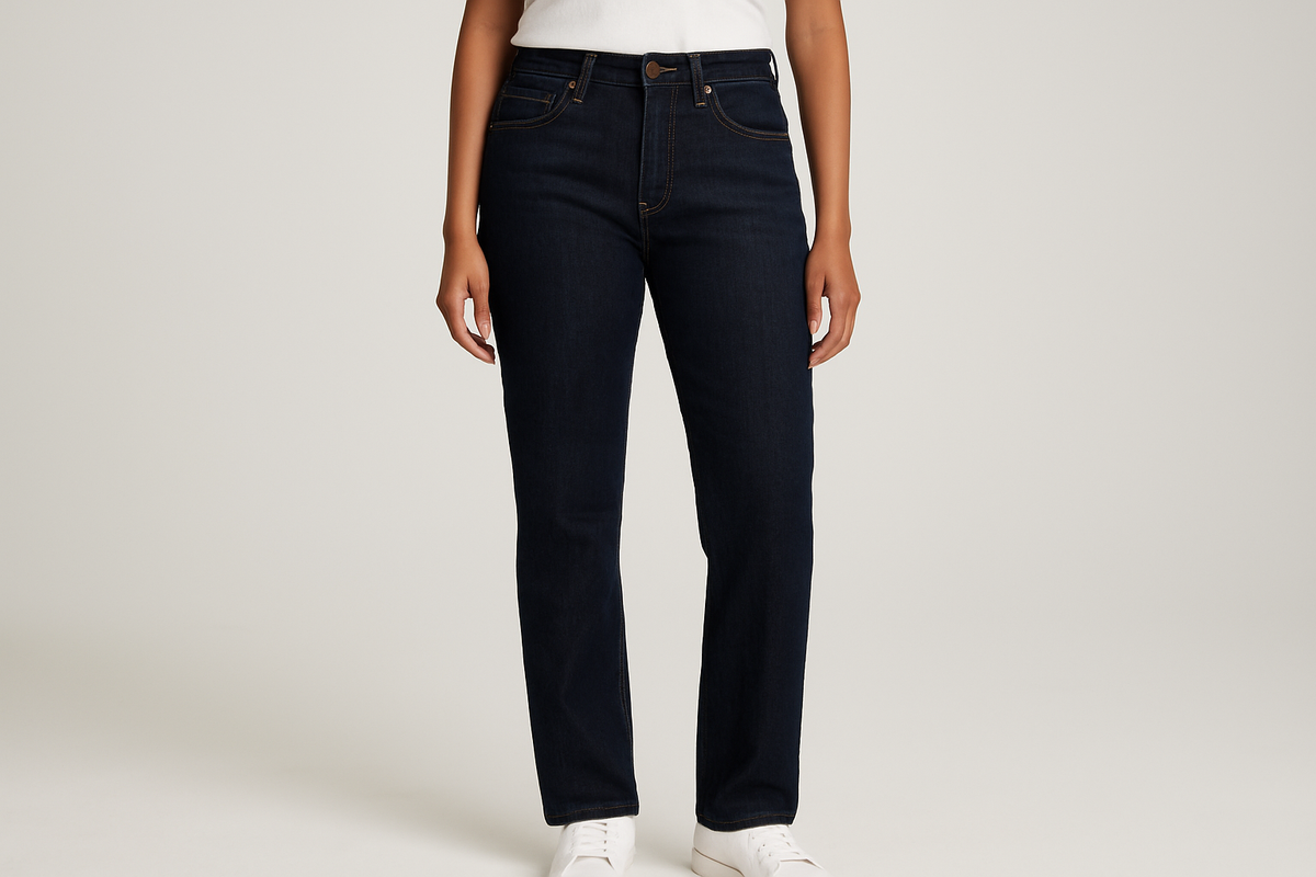 Dark wash jeans on model