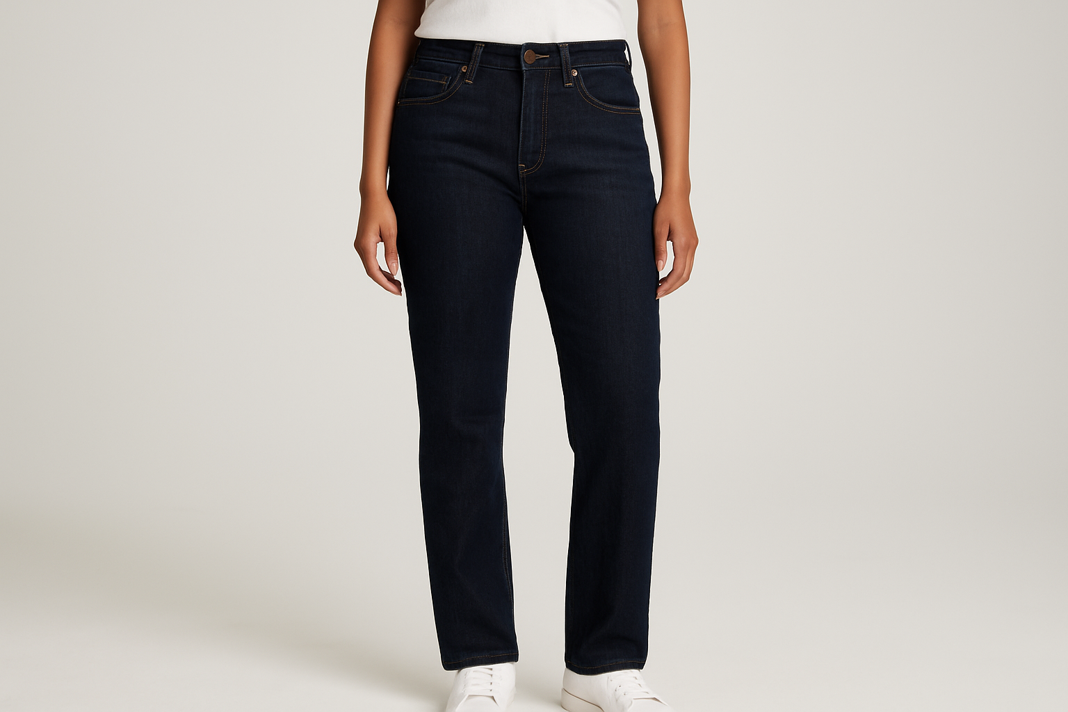 Dark wash jeans on model