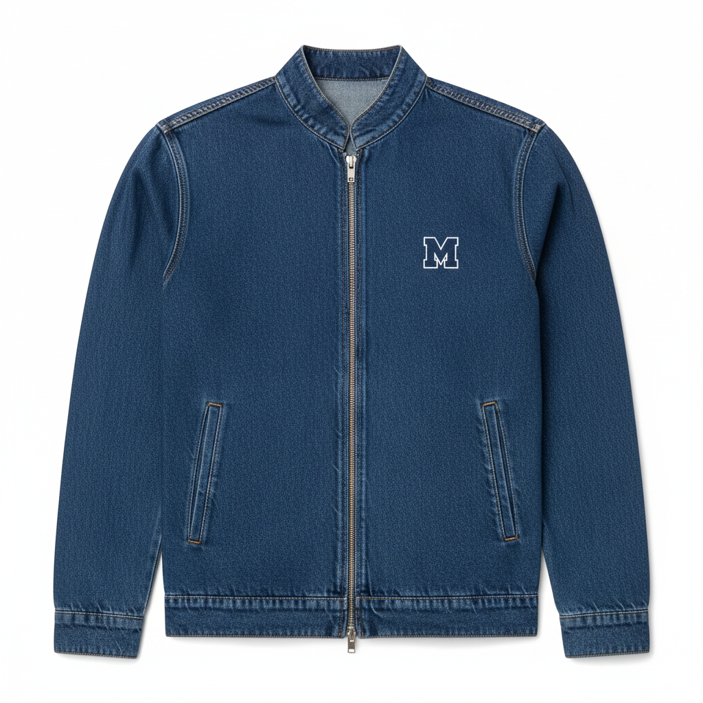 Denim zip-up jacket front with M logo