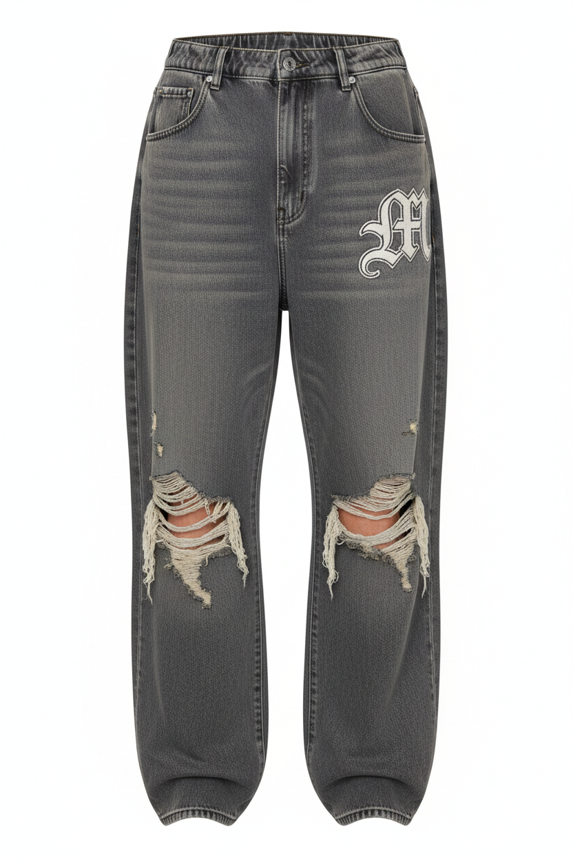 Grey wash baggy ripped jeans