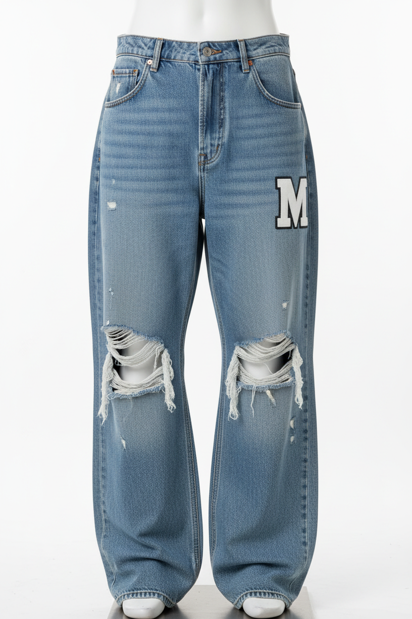 Light blue wash baggy ripped jeans