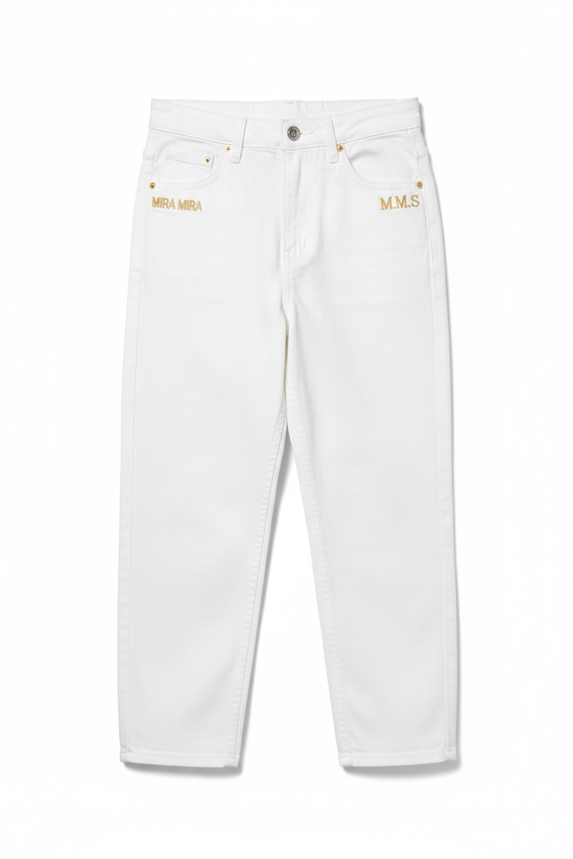 White Jeans with MIRA MIRA branding