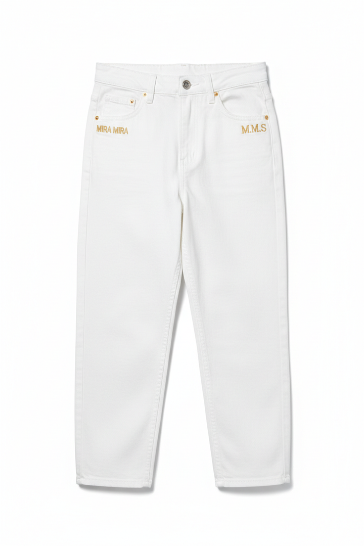 White Jeans with MIRA MIRA branding