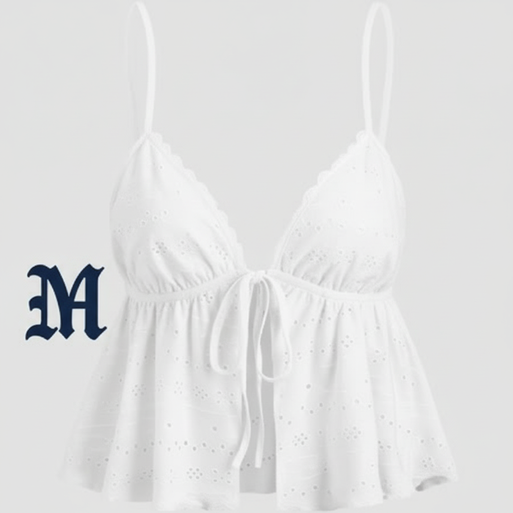 White ruffled top with M on side